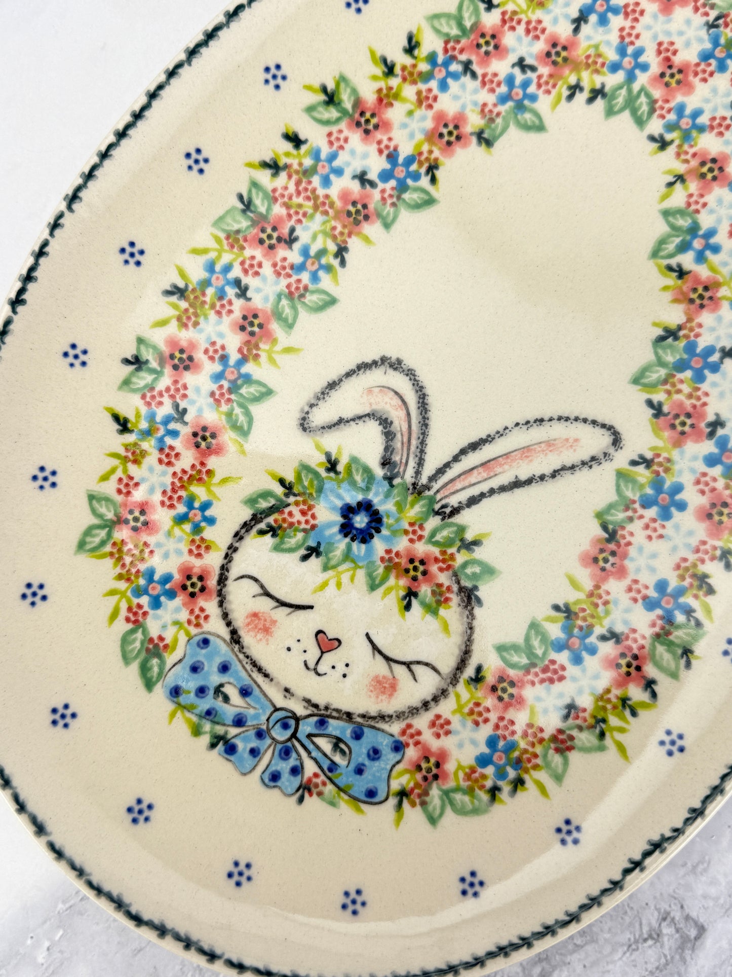 Medium Egg Shaped Platter - Shape V192 - Blue Bow Tie Bunny