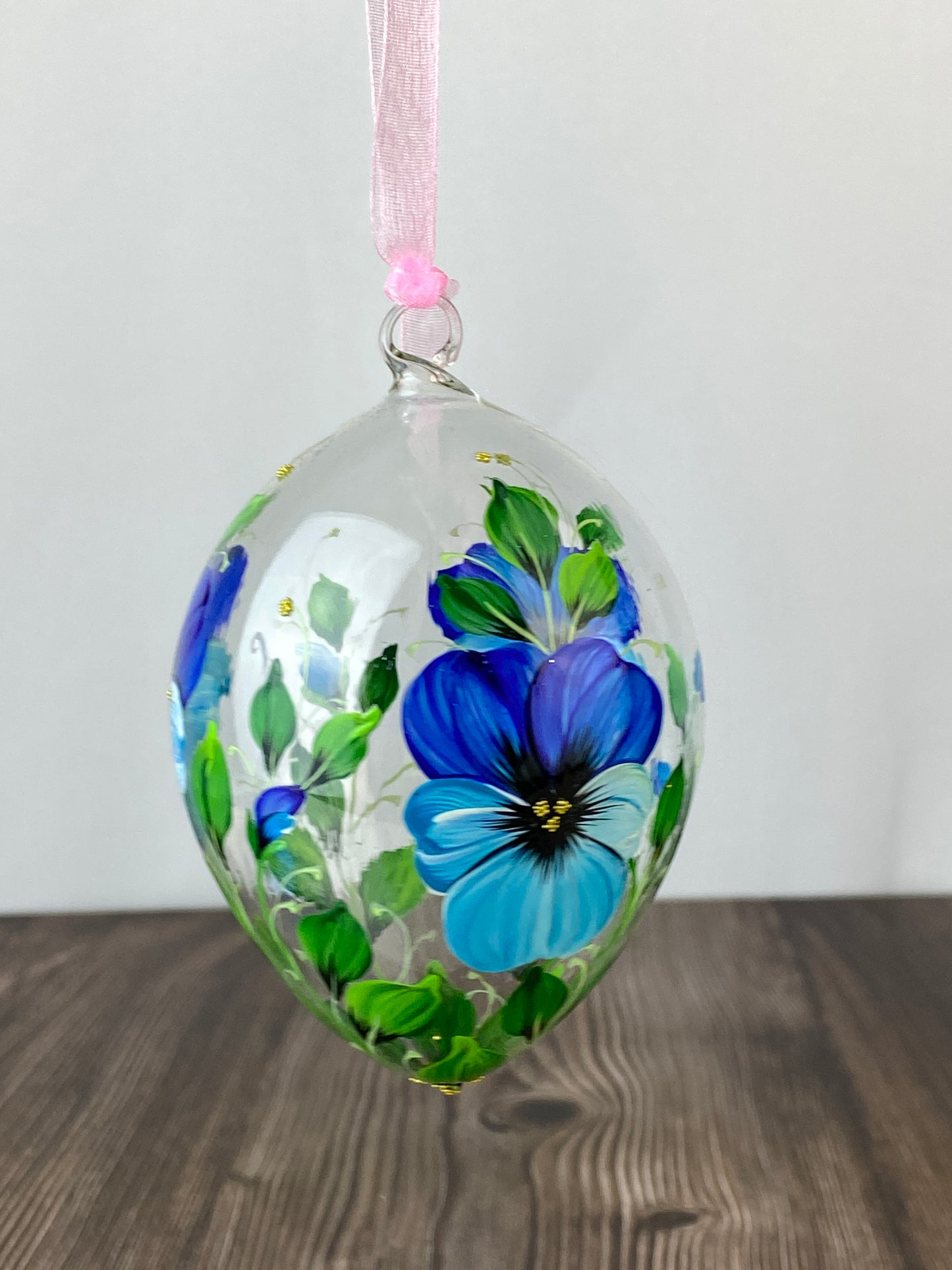 Egg Shaped Glass Ornament - Blue Pansy