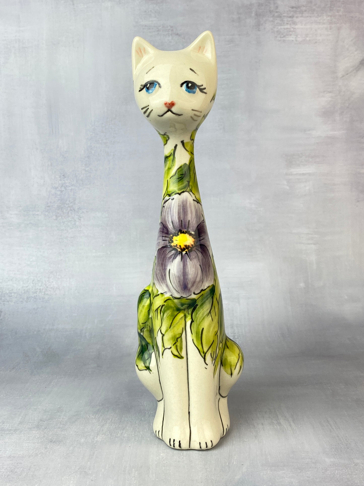 Tall Moja Cat Figurine - Purple Flowers