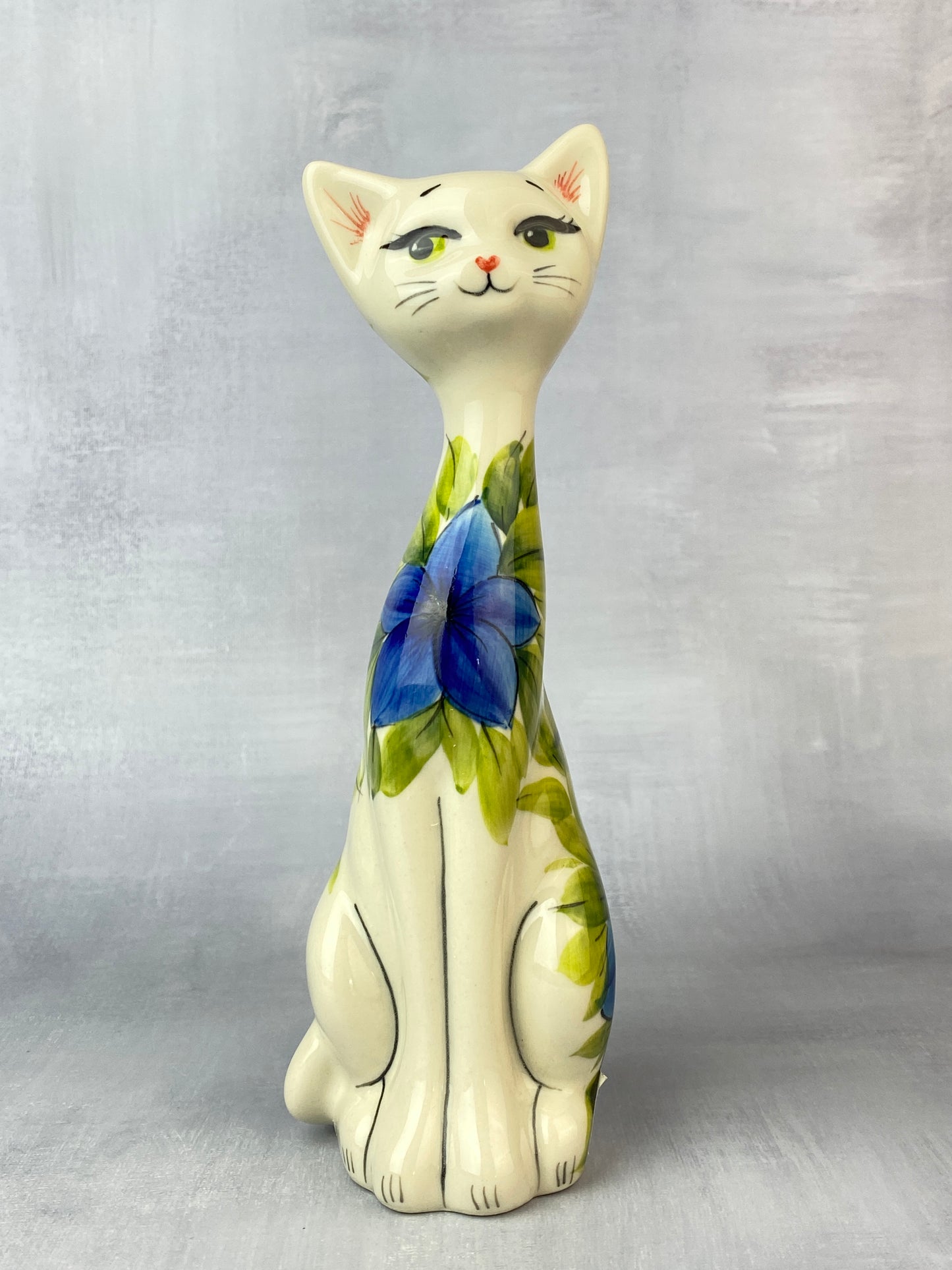 Medium Moja Cat Figurine - Dark Blue Flowers