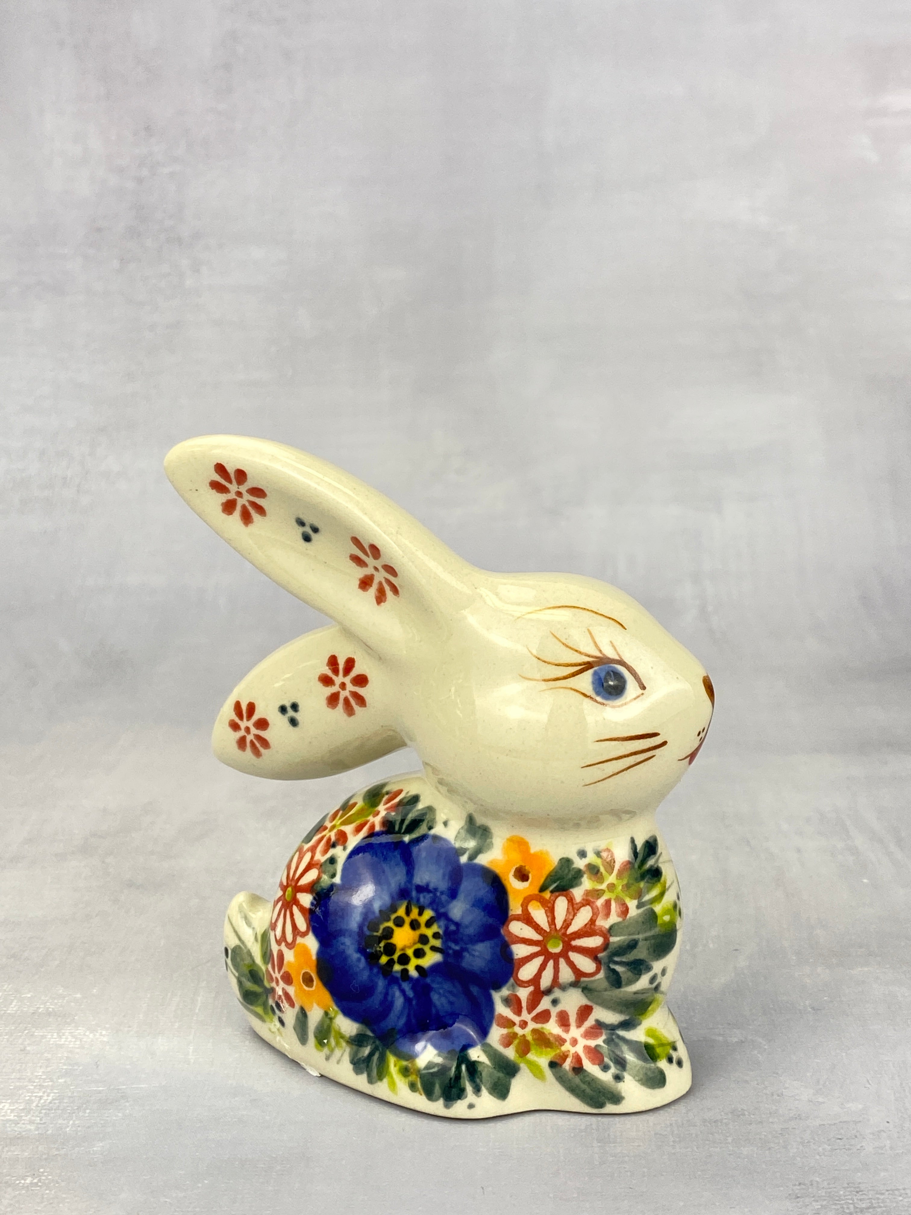 Bunny Figurine - Shape V412 - Bold Blue Flower – Polish Pottery Westlake