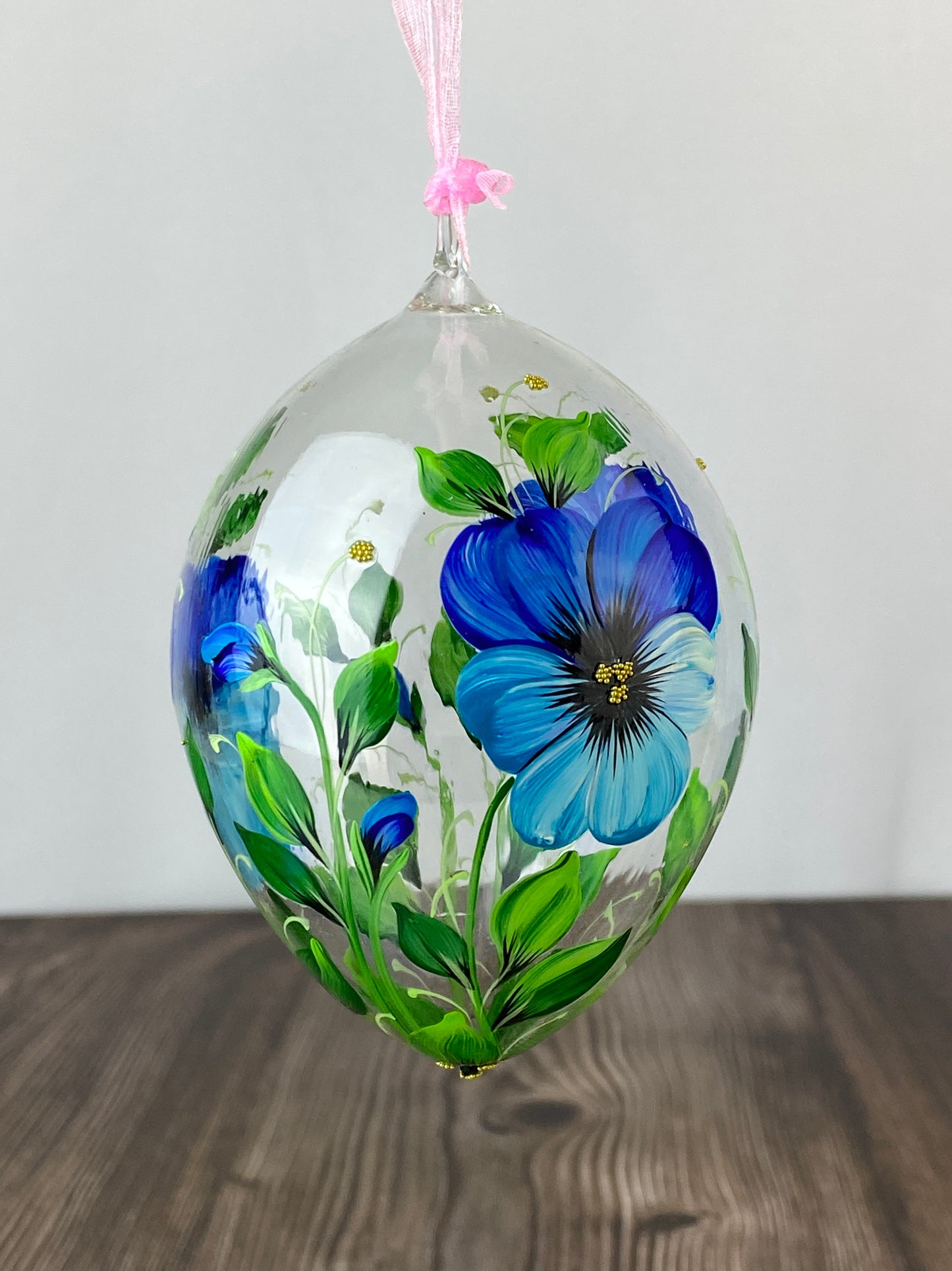 Egg Shaped Glass Ornament - Blue Pansy