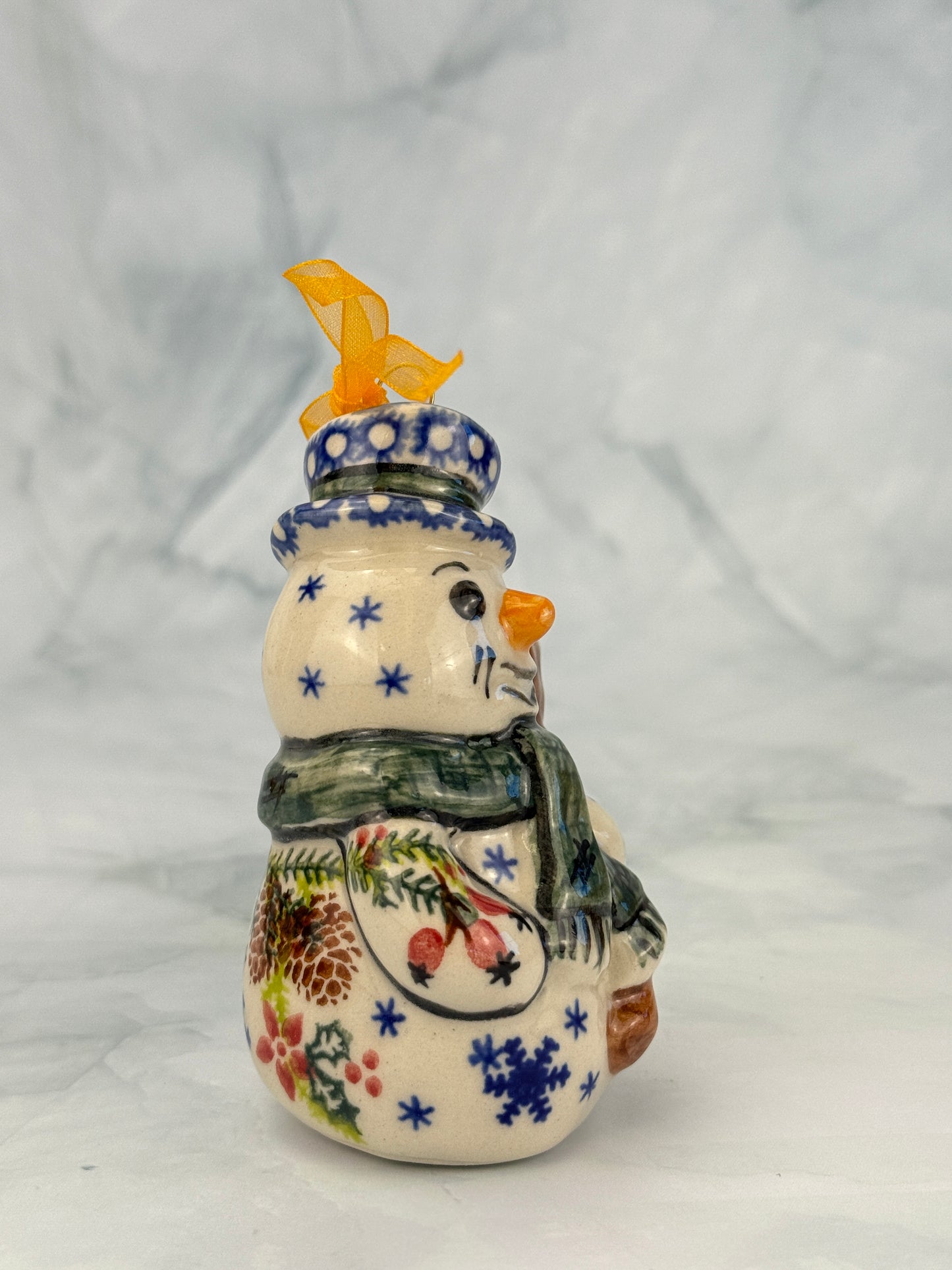 Vena Standing Snowman Ornament - Shape V354 - Green Scarf and Pinecones