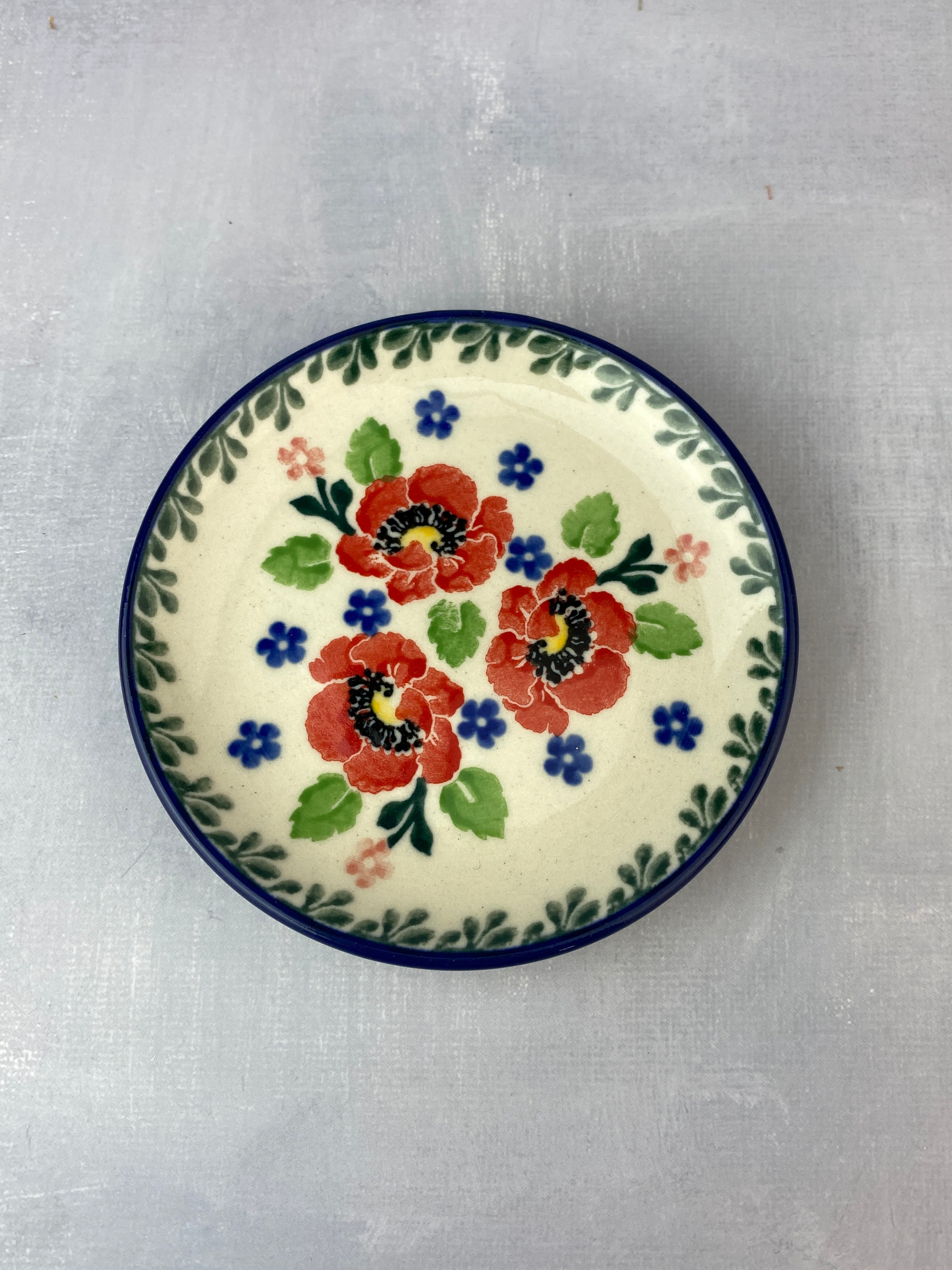 3 Polish Pottery Mini Plates Peacock Floral Coaster Farm House factory Ceramic Coasters