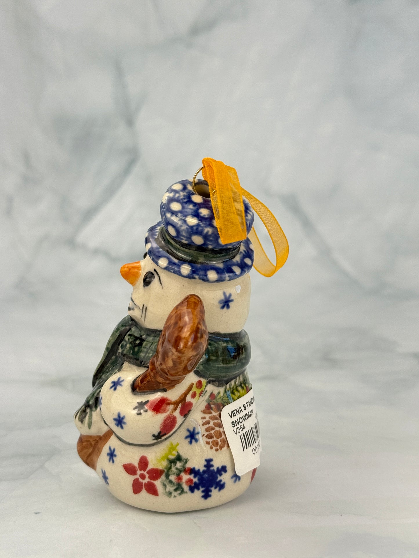 Vena Standing Snowman Ornament - Shape V354 - Green Scarf and Pinecones