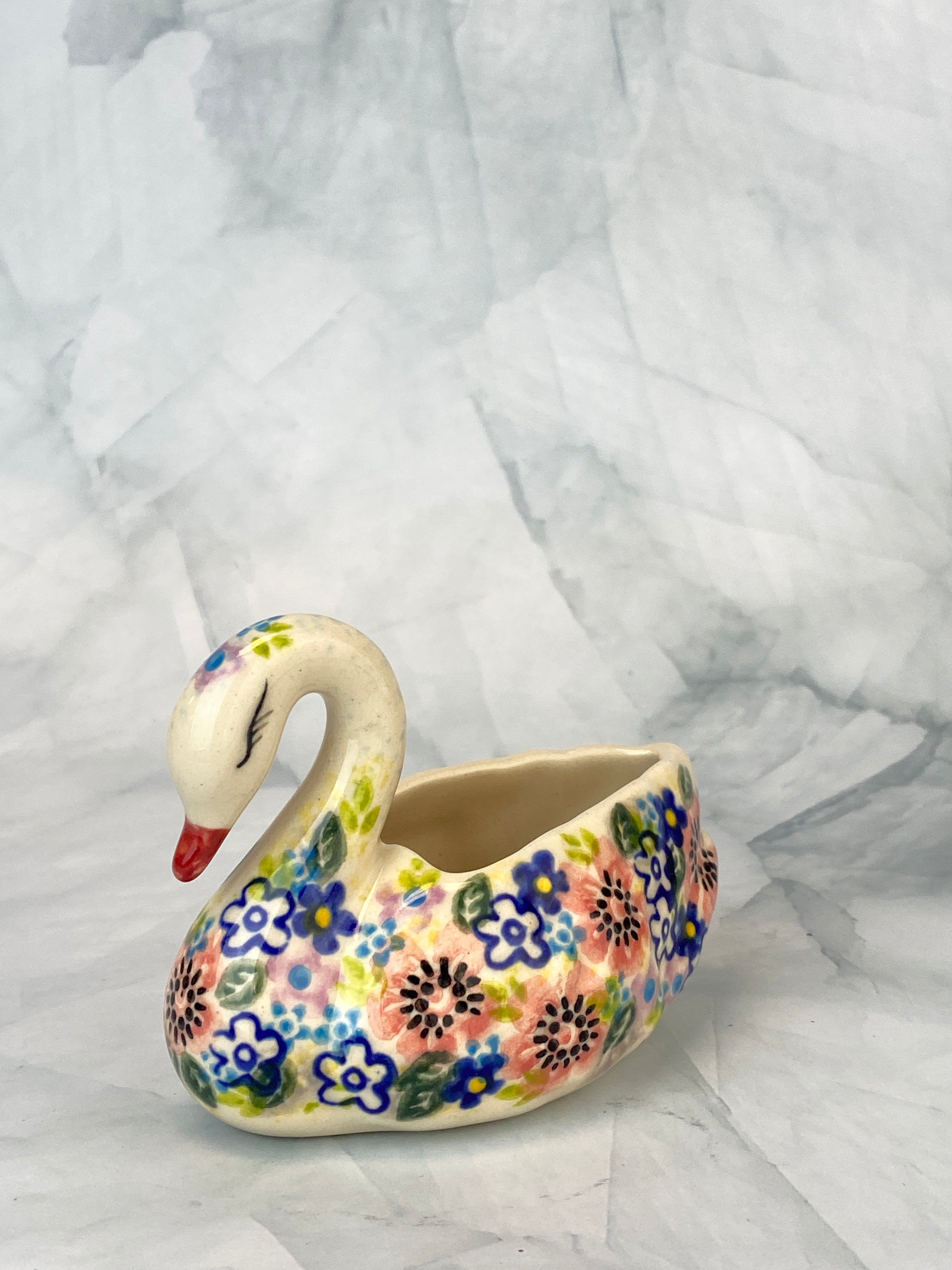 Swan Figurine - Shape V506 - Pink and Blue Floral – Polish Pottery Westlake