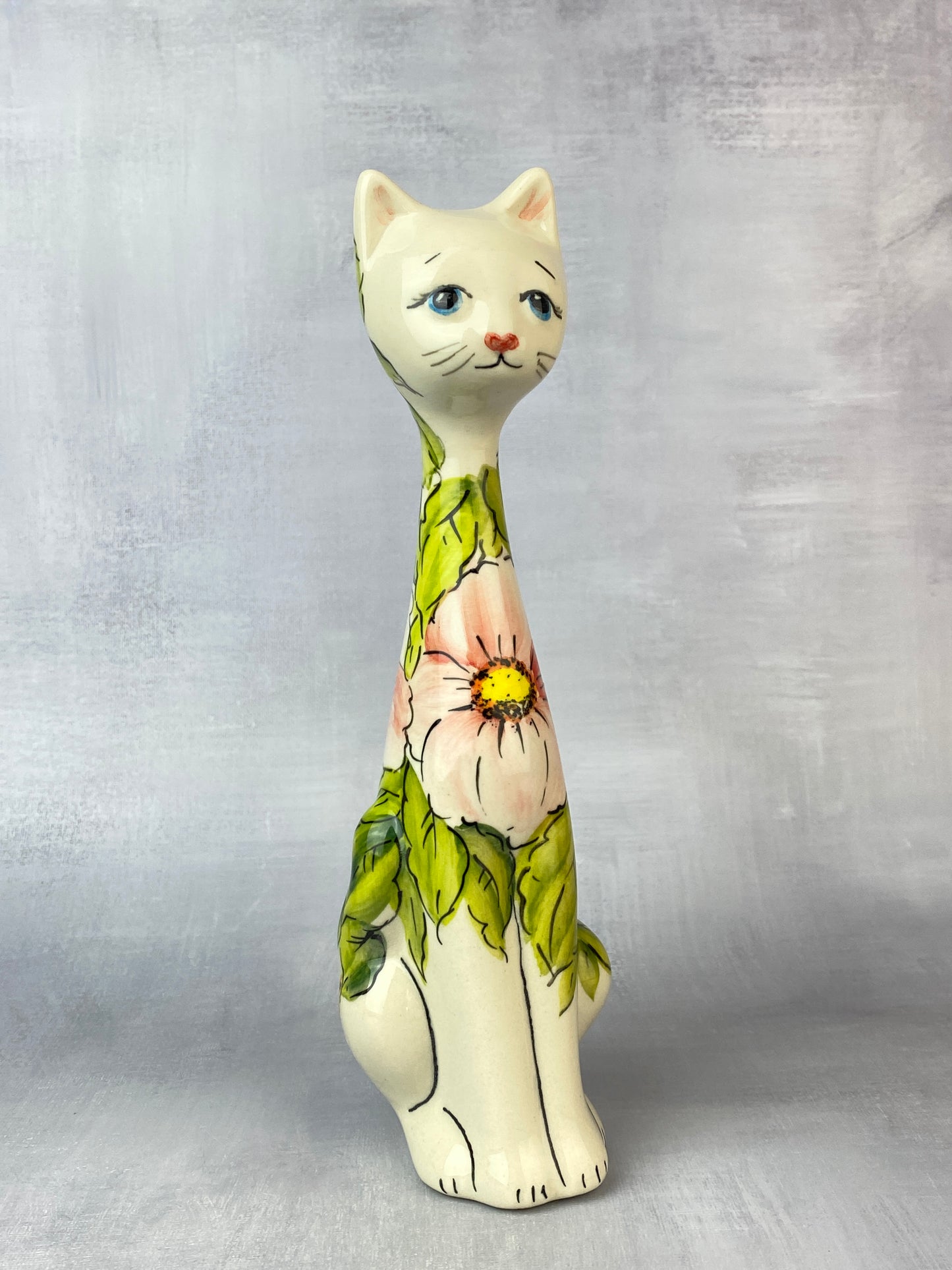 Tall Moja Cat Figurine - Pink Flowers