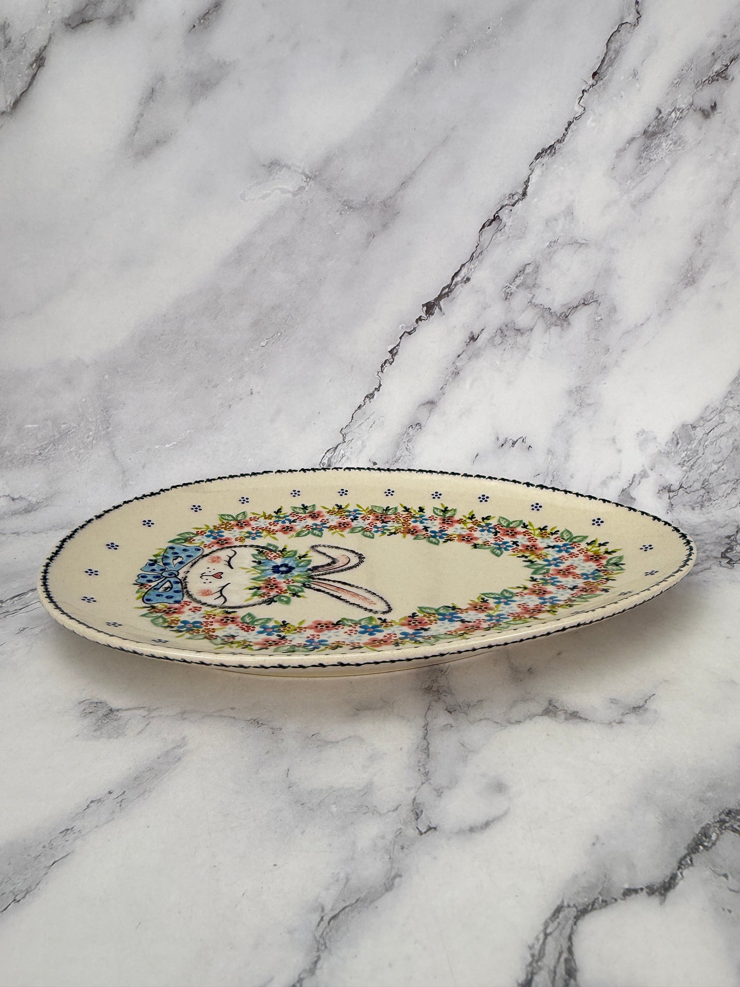 Medium Egg Shaped Platter - Shape V192 - Blue Bow Tie Bunny