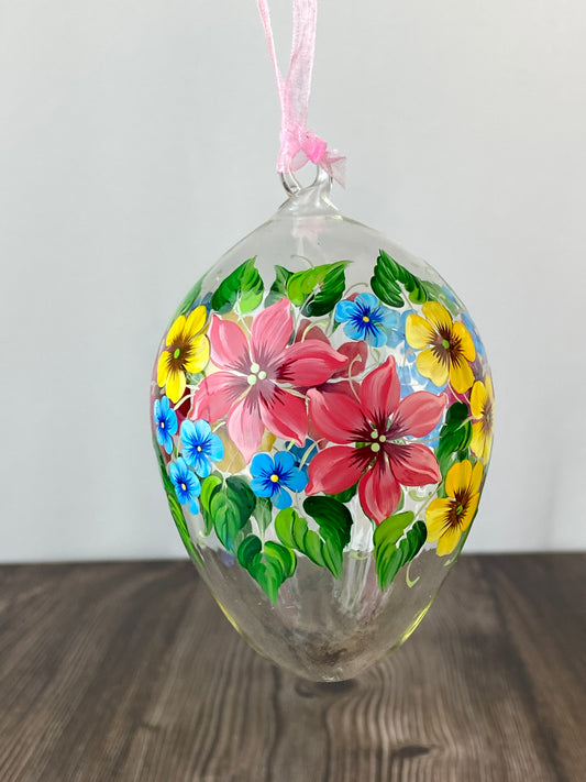 Egg Shaped Glass Ornament - Spring Flowers