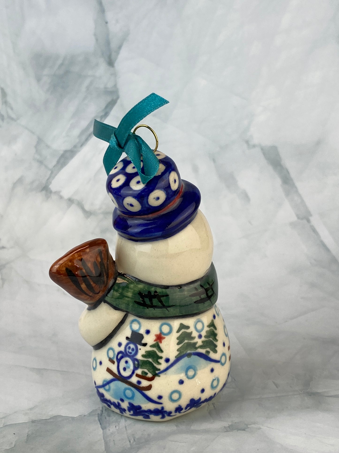 Vena Standing Snowman Ornament - Shape V354 - Green Scarf and Skiing Snowman