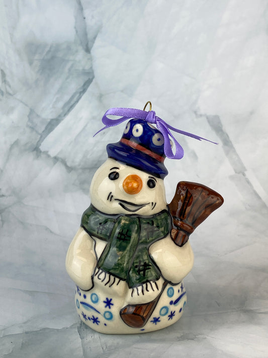 Vena Standing Snowman Ornament - Shape V354 - Green Scarf and Sledding Snowman