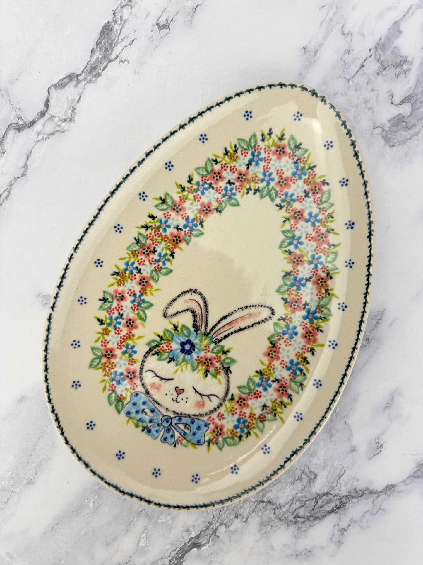Medium Egg Shaped Platter - Shape V192 - Blue Bow Tie Bunny