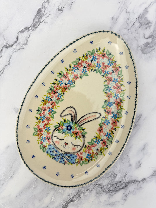 Medium Egg Shaped Platter - Shape V192 - Blue Bow Tie Bunny