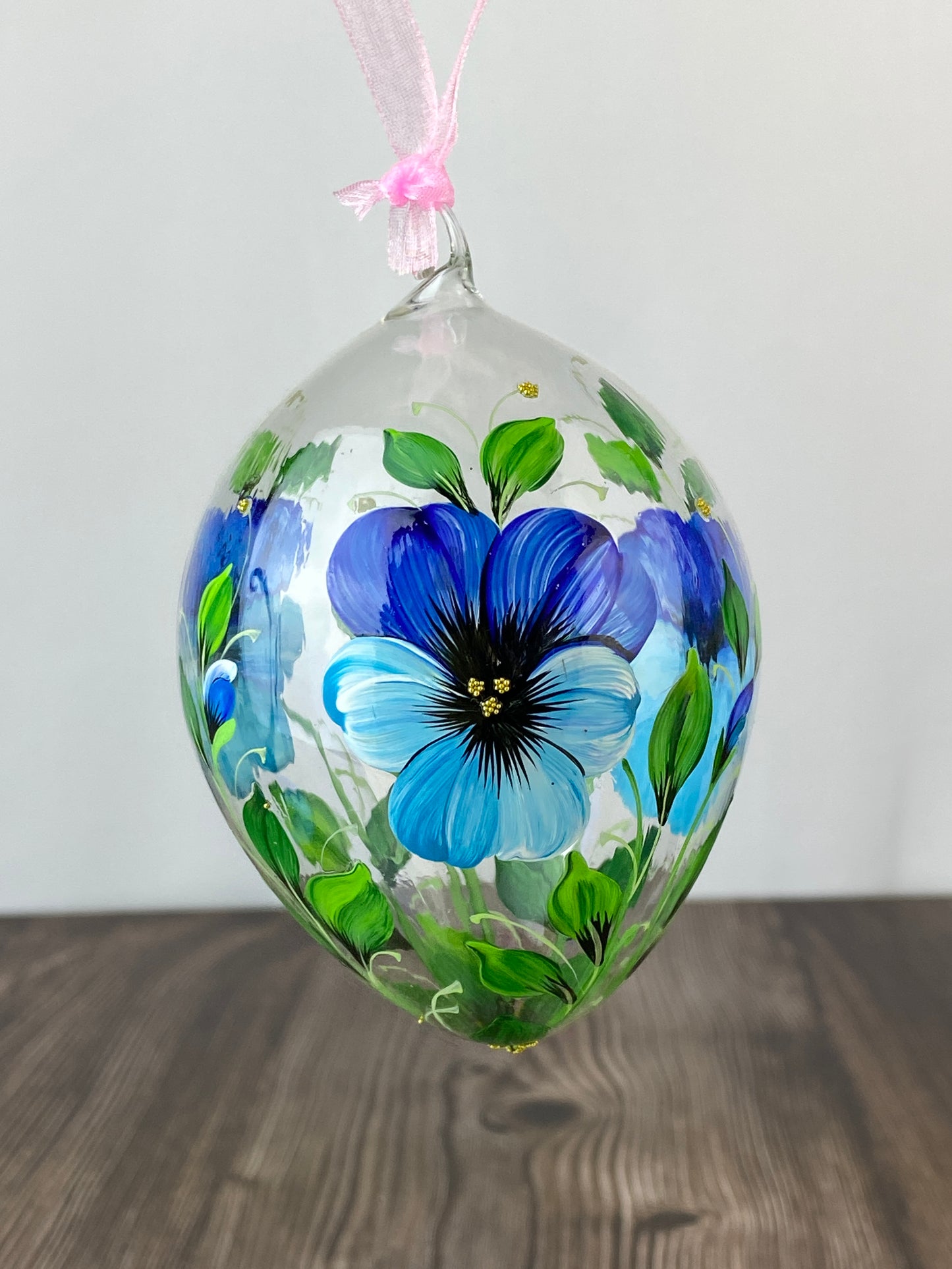 Egg Shaped Glass Ornament - Blue Pansy