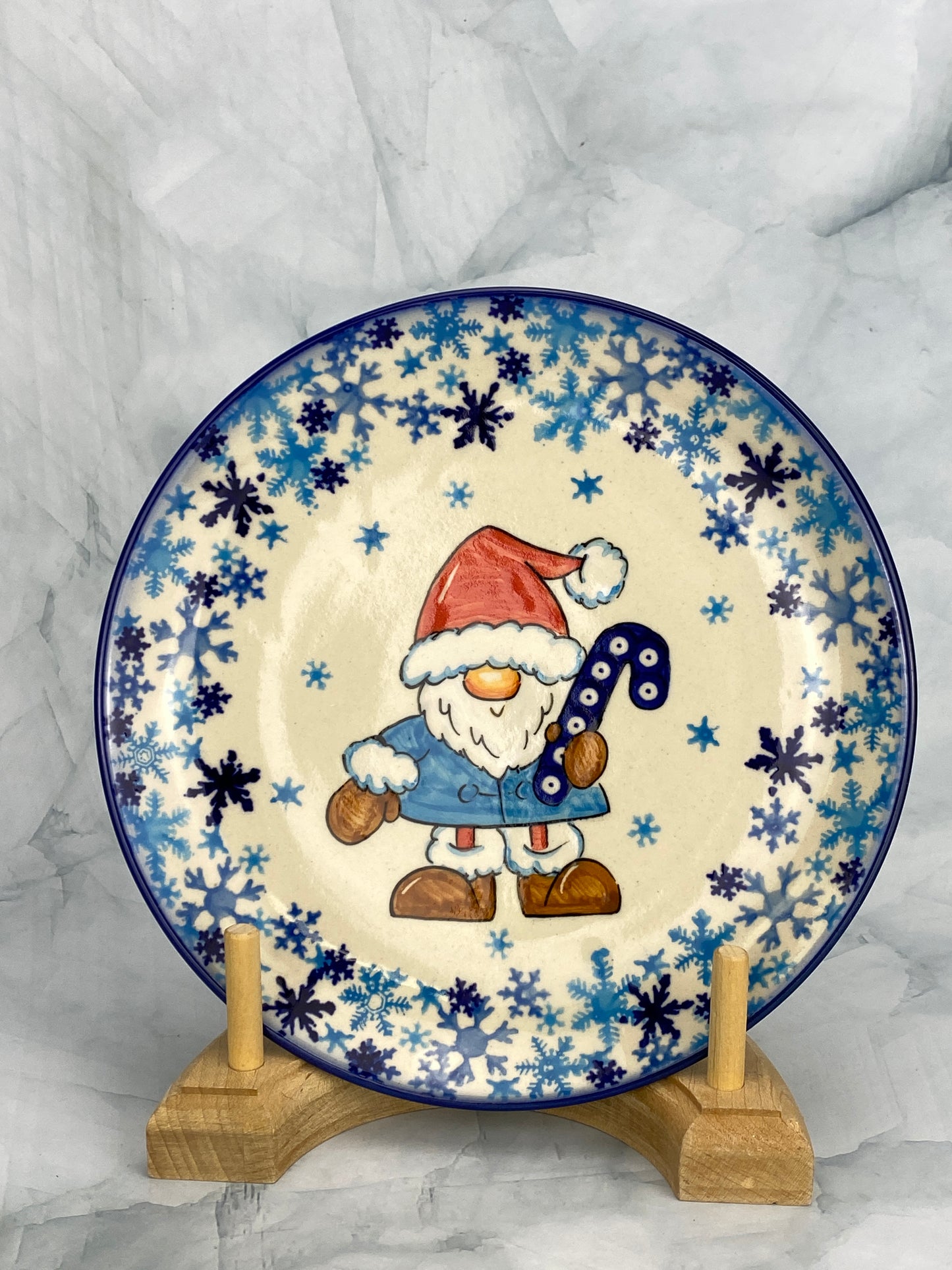 Moja Gnome Dessert Plate - Blue Coat, Red Hat & Owl Eye Candy Cane