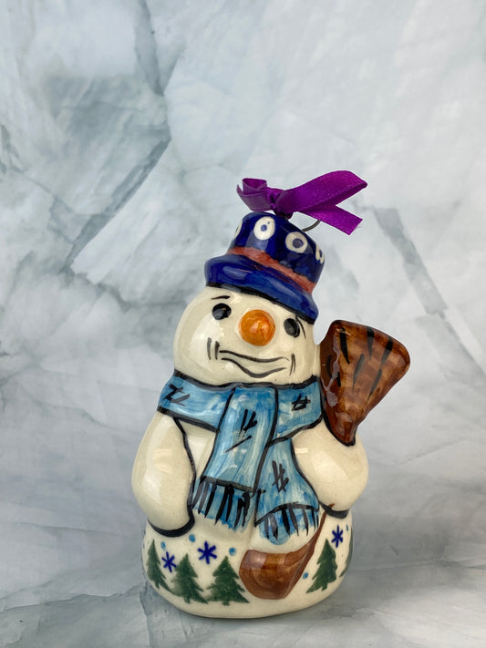 Vena Standing Snowman Ornament - Shape V354 - Blue Scarf and Pinecones