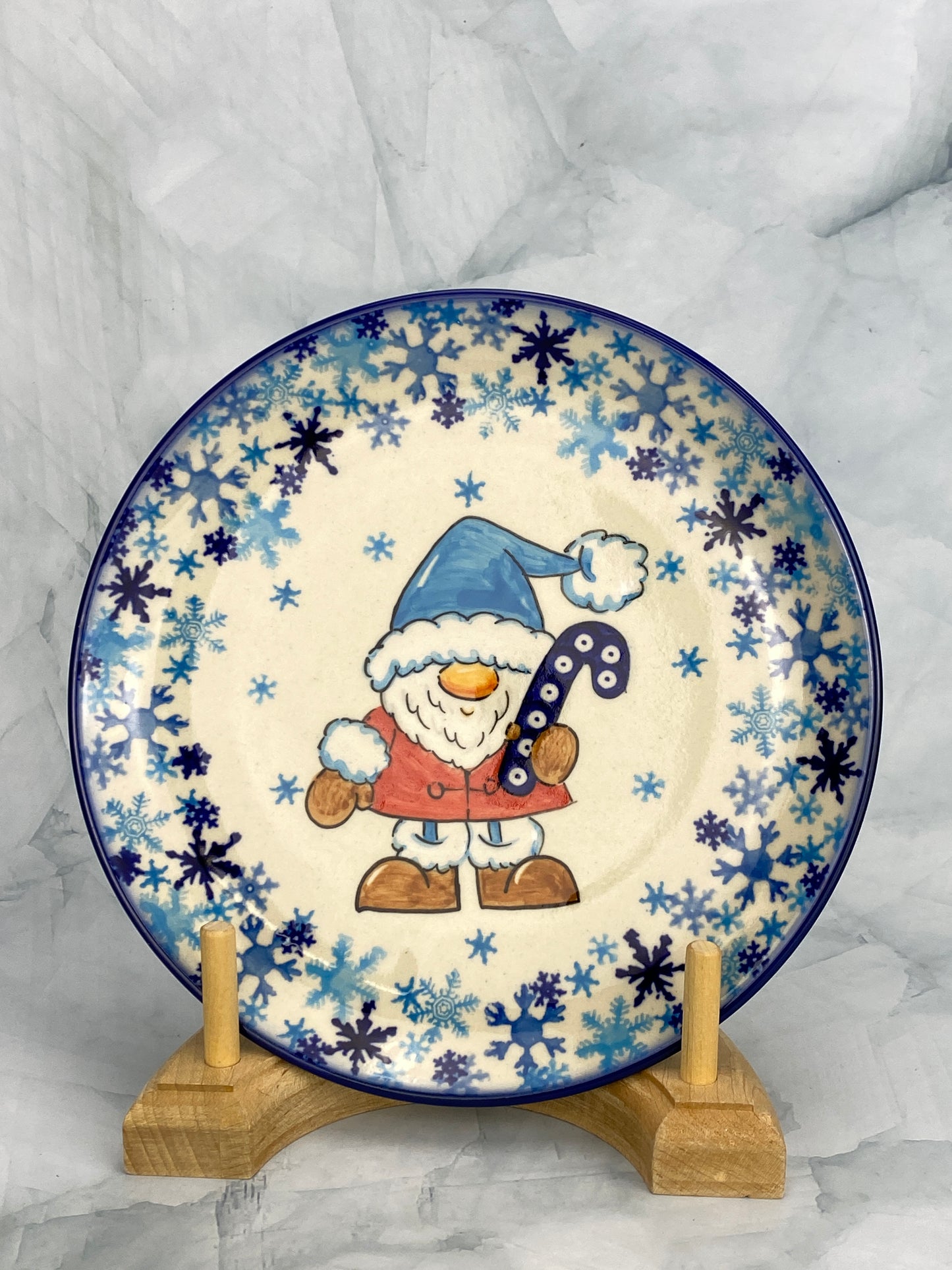 Moja Gnome Dessert Plate - Red Coat, Blue Hat & Owl Eye Candy Cane