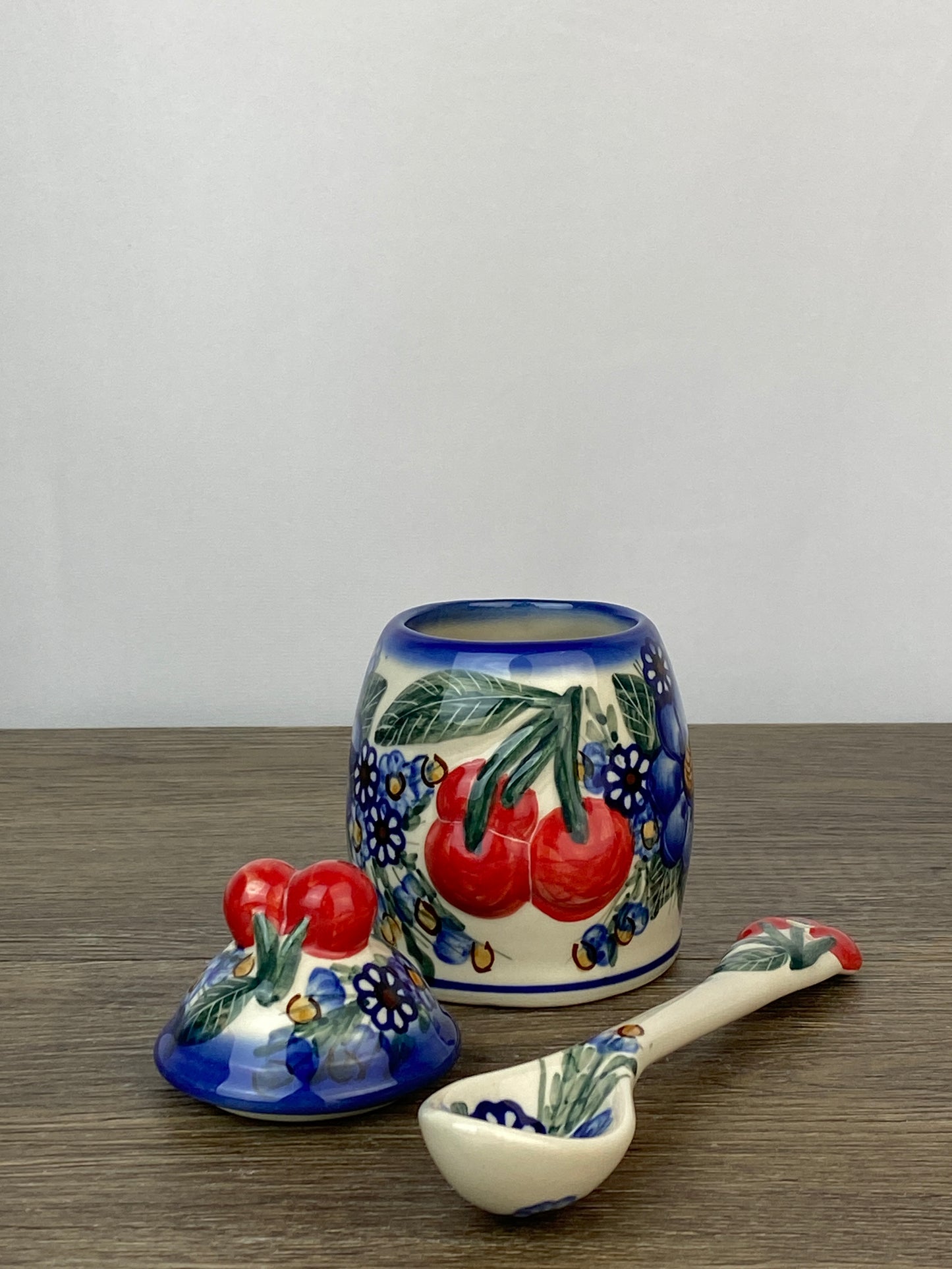 Cherry Jam Jar With Matching Spoon - Blue Floral