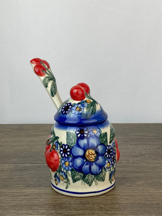 Cherry Jam Jar With Matching Spoon - Blue Floral