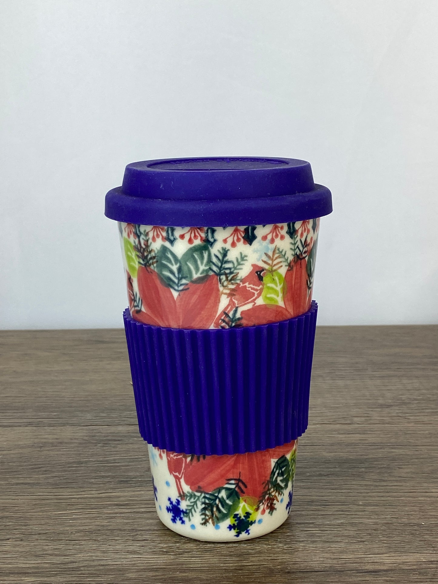 14oz Unikat Travel Mug - Shape V559 - Cardinal & Poinsettia