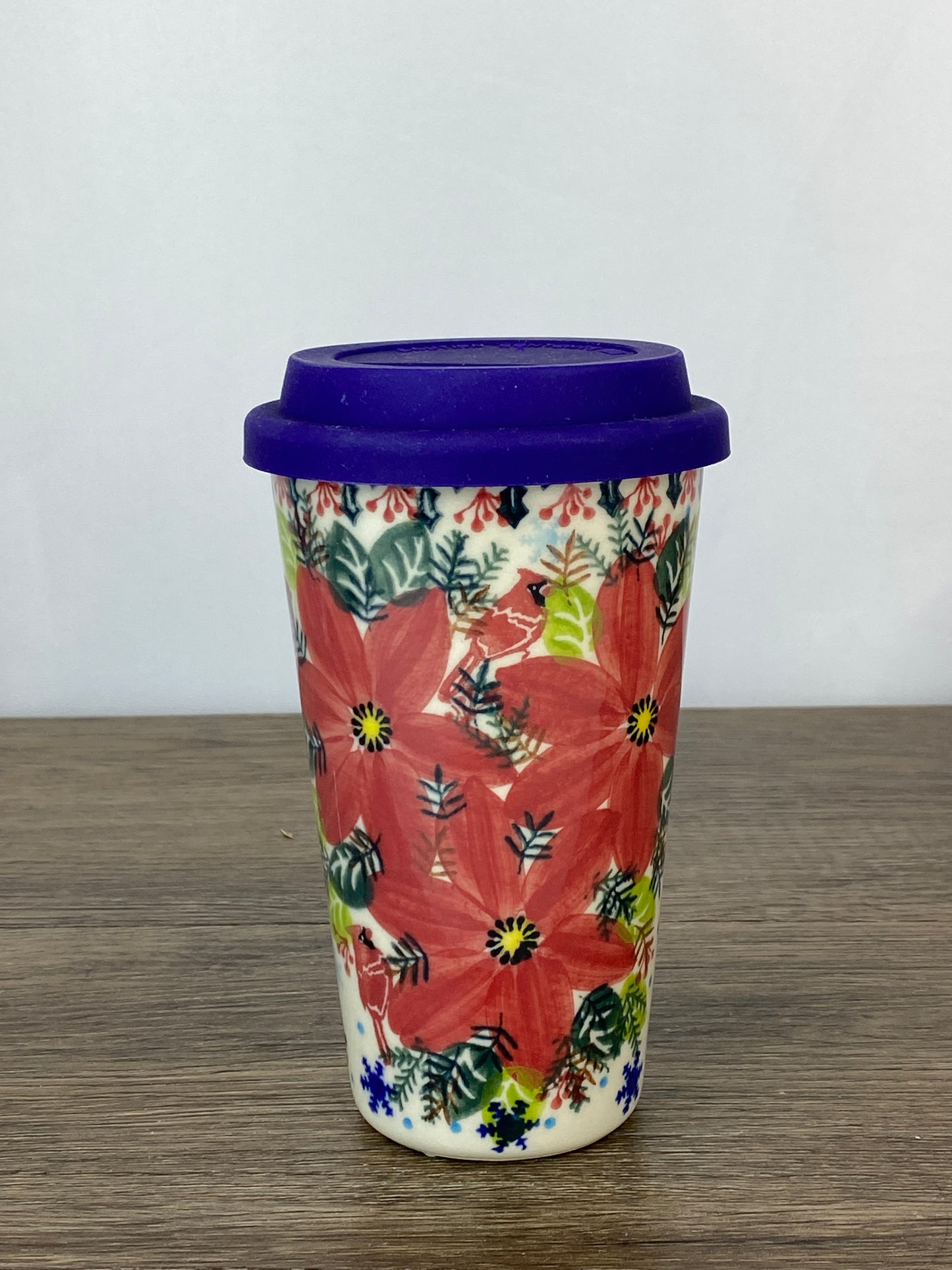 14oz Unikat Travel Mug - Shape V559 - Cardinal & Poinsettia