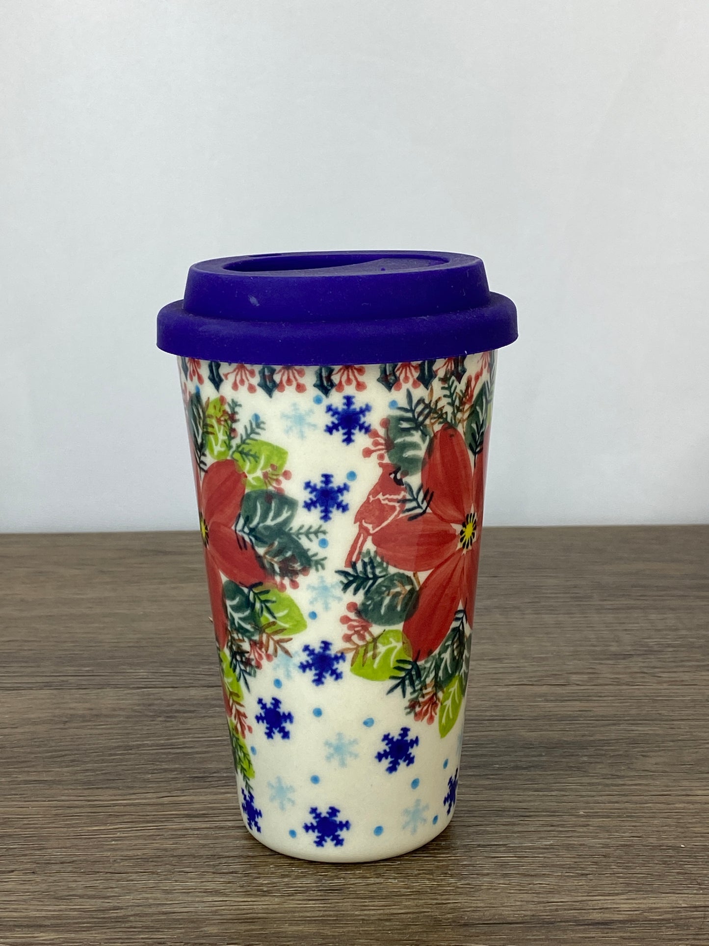 14oz Unikat Travel Mug - Shape V559 - Cardinal & Poinsettia