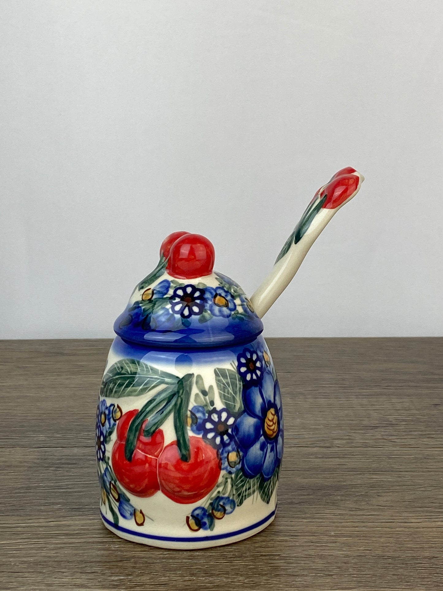 Cherry Jam Jar With Matching Spoon - Blue Floral