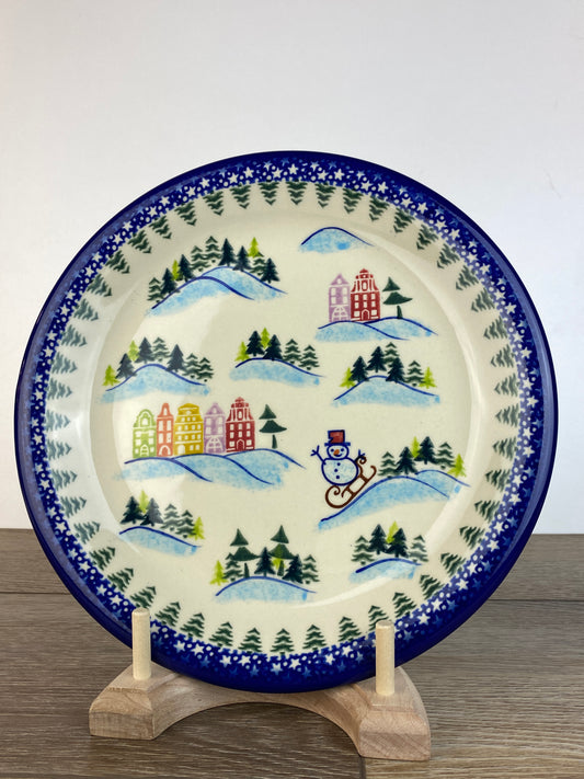 Vena 10" Unikat Holiday Dinner Plate - Shape V134 - Christmas in Bolesławiec Sledding Snowmen