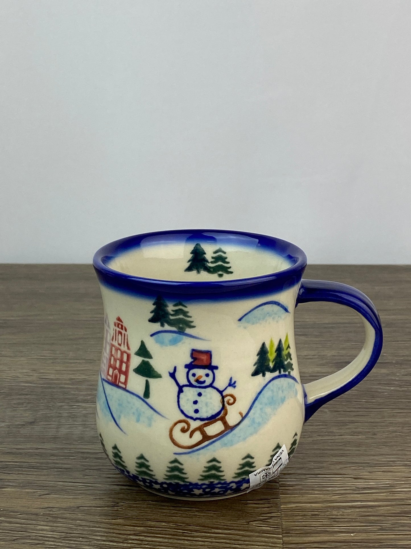 Vena Unikat 8oz Holiday Mug - Shape V053 - Christmas in Bolesławiec Sledding Snowman
