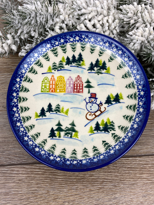 Vena Unikat Holiday Dessert Plate - V132-350 - Christmas in Bolesławiec Sledding Snowman