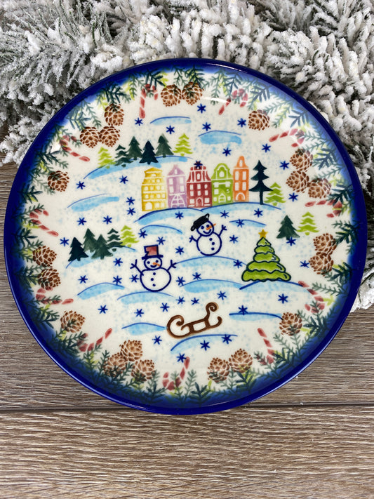 Vena Unikat Holiday Dessert Plate - Shape V1320-350 - Christmas in Bolesławiec Standing Snowman