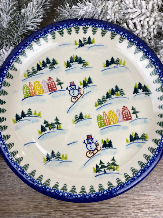 Vena Unikat Large Round Platter - Shape V136-350 - Christmas in Bolesławiec Sledding Snowmen