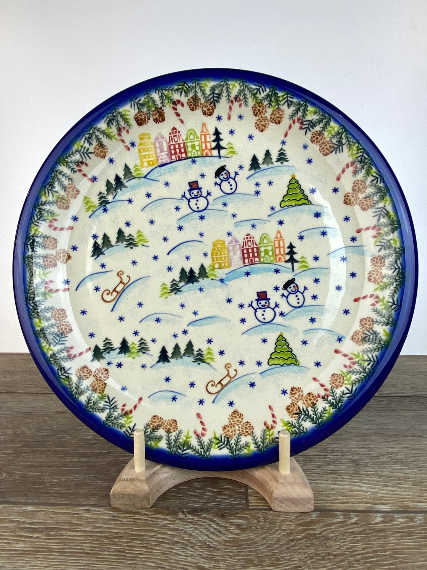 Vena Large Unikat Round Platter - Shape V136-350 - Christmas in Bolesławiec Standing Snowmen